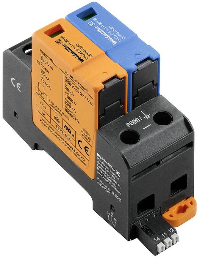 Ein zweipoliger Überspannungsschutz mit orange und blau markierten Modulen, geeignet für Spannungen bis 275 V und Strömen bis 10 kA.