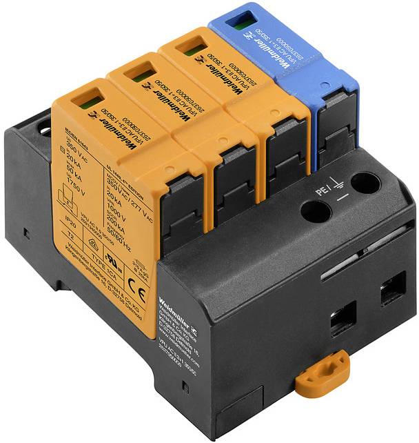 Ein Überspannungsschutzmodul mit vier steckbaren Schaltmodulen in Orange und Blau, geeignet für den Einsatz in elektrischen Anlagen.