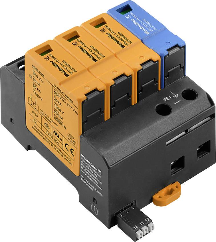 Blitzschutzmodul mit vier farbigen Steckplätzen, das elektrische Geräte vor Überspannung schützt.