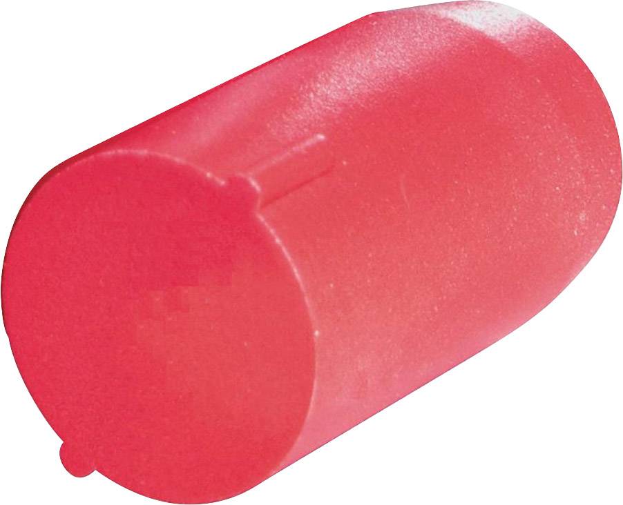 Rote Plastikschraubkappe in zylindrischer Form, leicht konisch zulaufend.