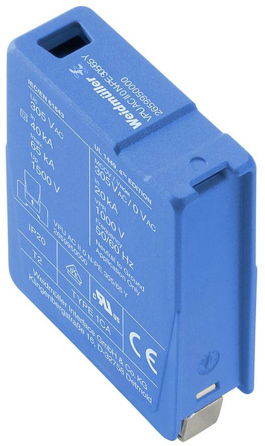 Elektronisches Bauteil in einem blauen Gehäuse mit weißen technischen Spezifikationen auf der Vorderseite.