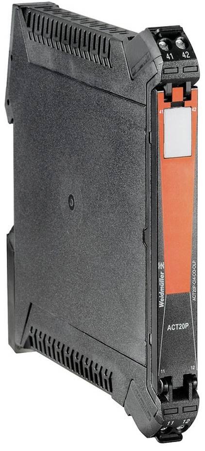 Ein rechteckiges, flaches Elektronikmodul mit schwarzem Gehäuse und orangener Vorderseite, möglicherweise für industrielle Anwendungen.