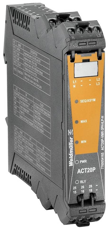 Ein elektronisches Gerät von Weidmüller, Modell ACT20P, mit mehreren Anschlüssen und einem orangenen Bedienfeld, das elektrische Parameter steuert.