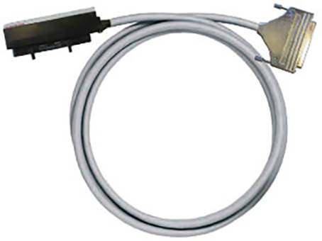 Ein graues Computer-Verbindungskabel mit einem rechteckigen und einem trapezförmigen Stecker an den Enden.