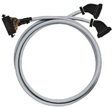 Ein graues, rundes Kabel mit mehrfarbigen, abisolierten Enden und zwei flachen, schwarzen Steckern.