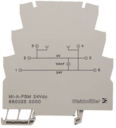 Elektronische Komponente mit Schaltplan. Oben: Verbindungen und Beschriftungen. Unten: Aufschrift 'MI-A-PSM 24Vdc 880023 0000'.