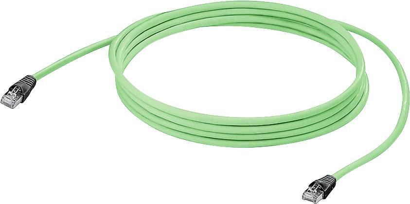 Grünes Ethernet-Kabel mit RJ45-Steckern an beiden Enden, aufgerollt auf weißem Hintergrund. Ideal für vernetzte Verbindungen.