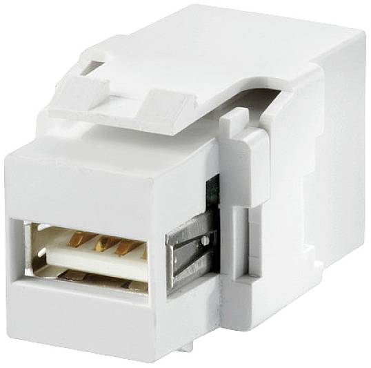 Ein weißes Keystonemodul mit USB-A-Anschluss für Wandmontage, ermöglicht festen Anschluss von USB-Kabeln an Netzwerkinfrastrukturen.