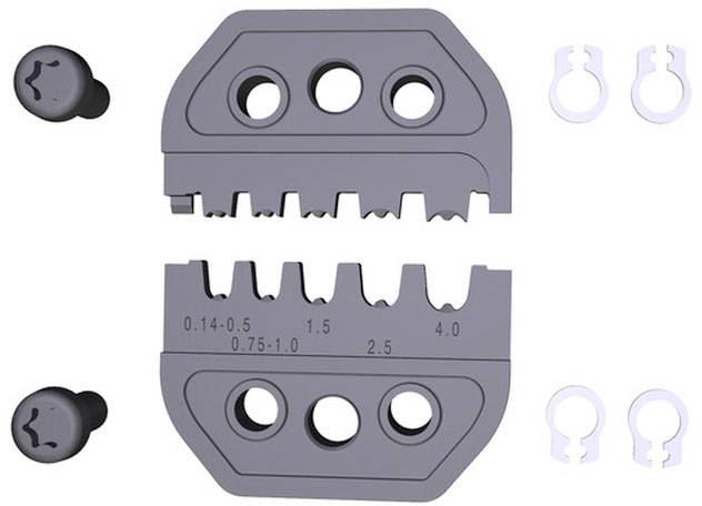 Crimpzangeinsatz mit Skala für Drahtgrößen von 0,14 bis 4,0 mm². Sechteiliges Set umfasst zwei Einsätze und Zubehör.