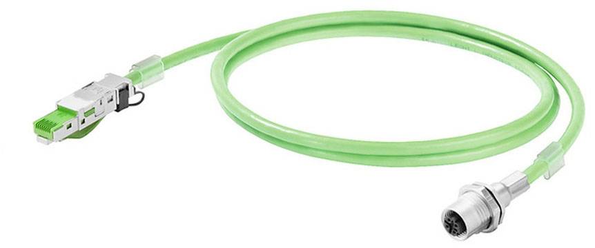 Grünes Ethernet-Kabel mit einem M12 Stecker auf der einen und einem RJ45 Stecker auf der anderen Seite, zur Datenübertragung geeignet.