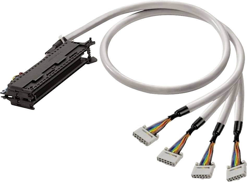 Ein graues Kabelbündel mit vier Steckerenden ist an einem schwarzen, rechteckigen Adapter angeschlossen.
