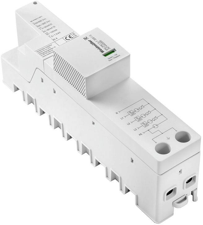 Ein weißes elektrisches Gerät mit mehreren Anschlüssen, geeignet für die Installation in Schaltschränken. Zeigt technische Spezifikationen an der Seite.