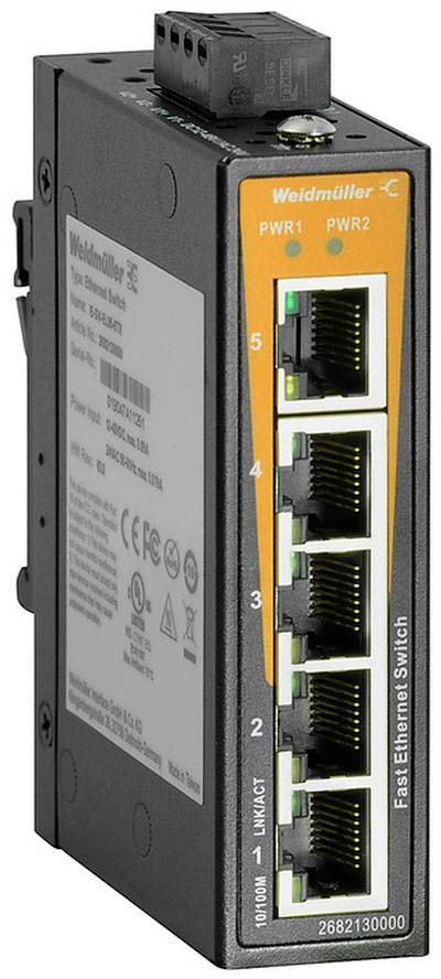 Ein schwarzer Ethernet-Switch mit sechs gelben Ports auf der rechten Seite, orangefarbener Bereich mit Beschriftungen: 'Fast Ethernet Switch'.