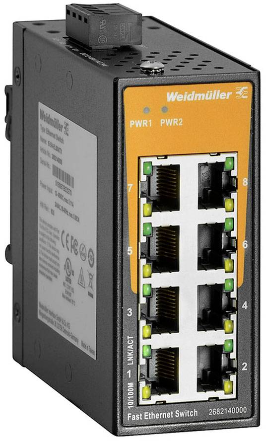 Ein schwarzer Fast Ethernet Switch von Weidmüller mit acht gelben und grünen Ports, geeignet für industrielle Anwendungen.