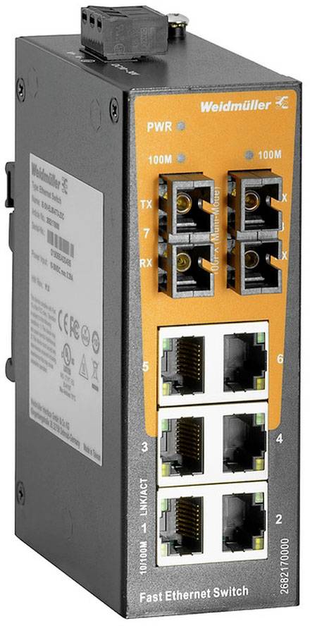 Industrie-Ethernet-Switch mit fünf Netzwerkanschlüssen und LED-Anzeigen zur Statusüberwachung, geeignet für industrielle Umgebungen.