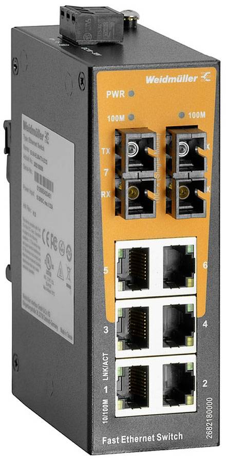 Ein schwarzer Weidmüller Fast Ethernet Switch mit orangefarbener Front zeigt LED-Anzeigen für PWR, 100M, TX, RX und Ethernet-Ports.