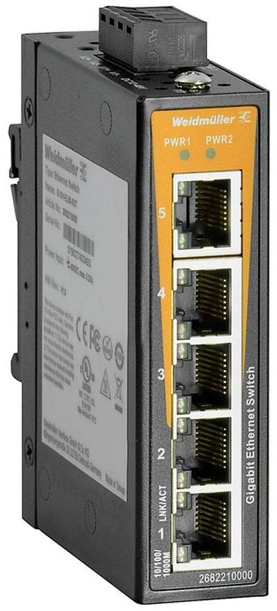 Ein Ethernet-Switch mit fünf RJ45-Ports, markiert mit den Nummern 1 bis 5. Markenname 'Weidmüller' oben rechts auf dem Gerät.