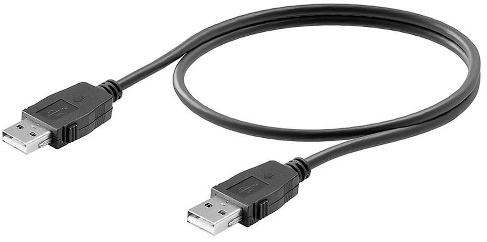 Ein schwarzes USB-Kabel mit zwei identischen Steckern an beiden Enden, verwendet zum Verbinden von Computern und anderen Geräten.