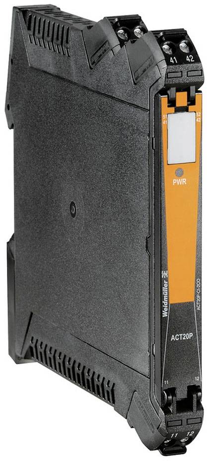 Ein schwarzes, elektronisches Gerät mit orangefarbenem Streifen und der Aufschrift 'PWR', wahrscheinlich ein Industrierelais oder Signalwandler von Weidmüller.