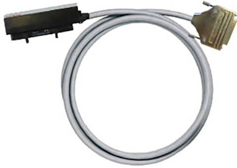 Ein graues Computerkabel mit einem breiten Stecker an einem Ende und einem schmaleren Stecker am anderen Ende, aufgerollt.