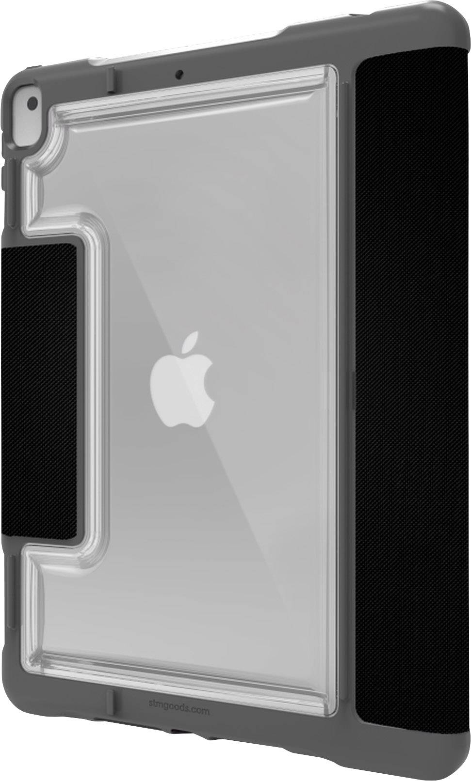 Tablet in einer Schutzhülle mit durchsichtigem Rückteil, sichtbar ist ein Apfel-Logo.