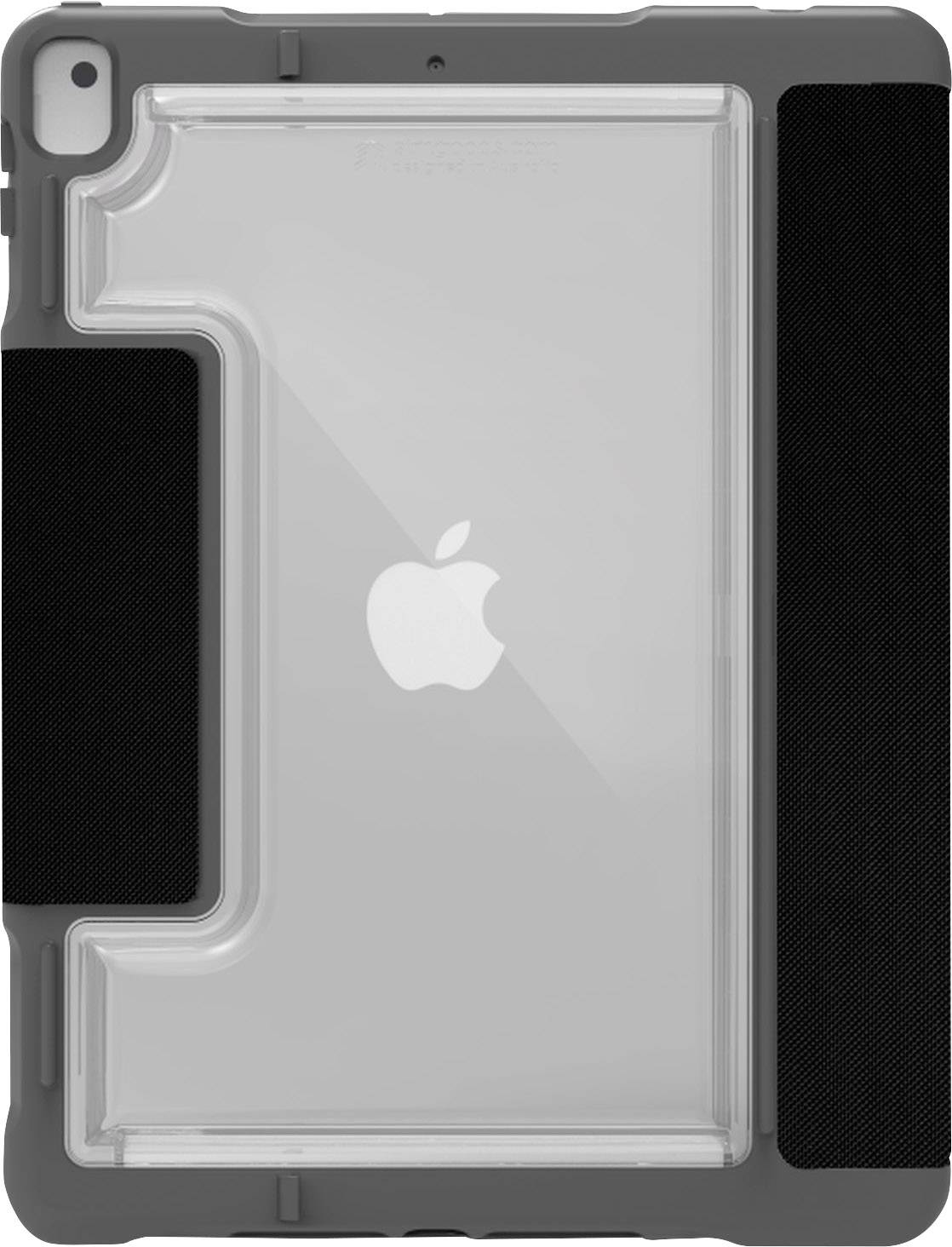 Rückansicht eines Tablet-Geräts mit durchsichtiger Schutzhülle und sichtbarem Apfel-Logo in der Mitte.