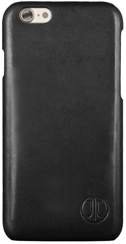 Schwarzes Handycase aus Leder mit Prägung eines stilisierten Logos rechts unten. Die Kameraöffnung befindet sich oben links.