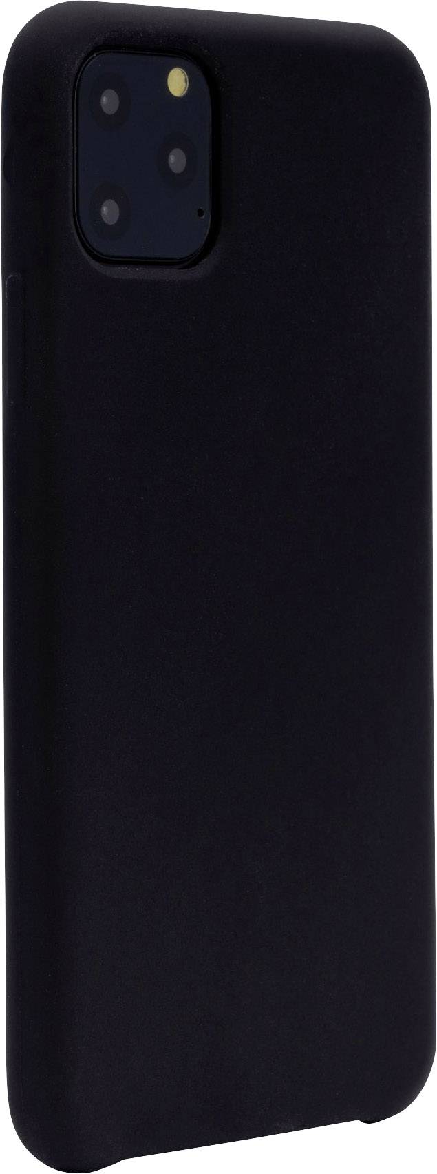 Eine schwarze Smartphone-Schutzhülle mit Kameraaussparung oben links, geeignet für ein Modell mit drei Kameralinsen und Blitz.