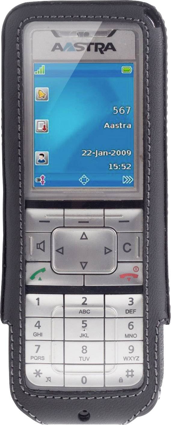 Ein Mobiltelefon mit Display zeigt das Datum 22. Januar 2009 und die Uhrzeit 15:52. Oben steht 'Aastra'.