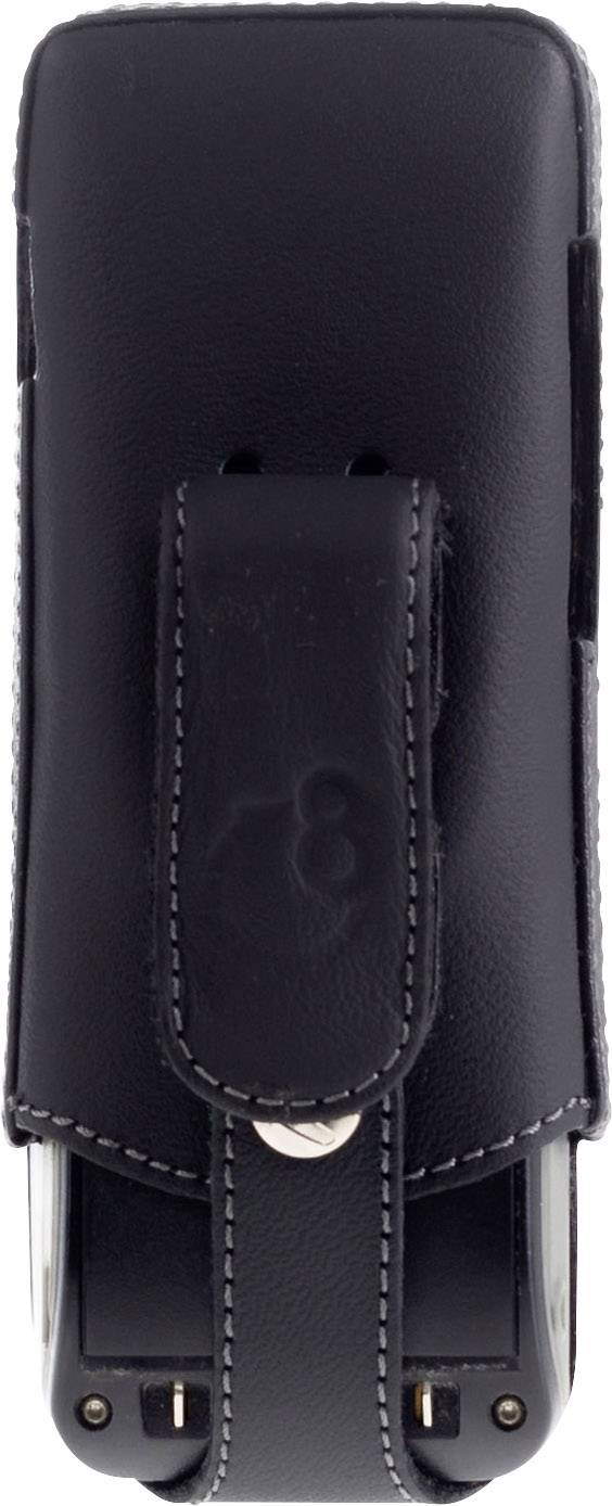 Schwarzes Lederschutzetui mit Gürtelclip, passend für ein tragbares Gerät. Angesicht von vorne, zeigt stitching-Details.