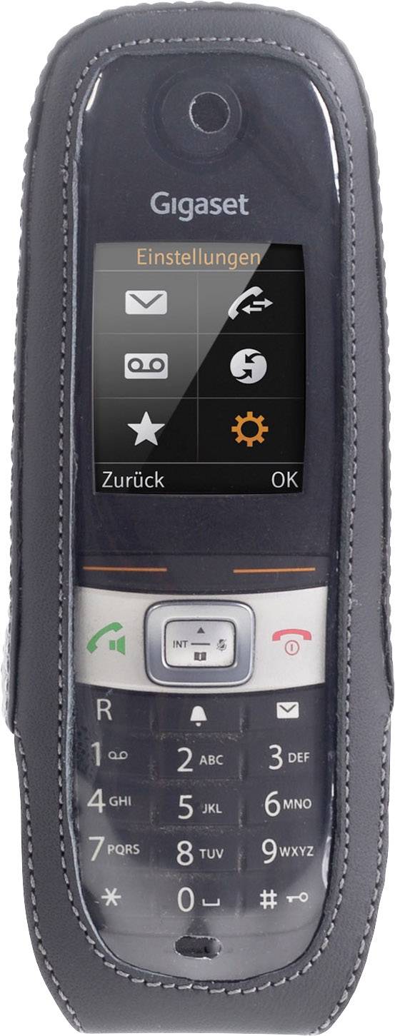 Ein schnurloses Telefon in einer Hülle zeigt ein Display mit den Menüoptionen 'Einstellungen', 'Zurück' und 'OK'.