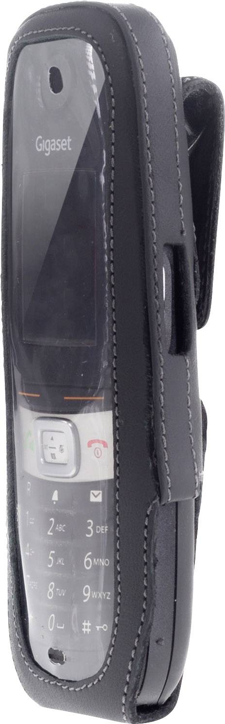 Ein Gigaset-Telefon in einer schwarzen Ledertasche, das vertikal in einer Ansicht von schräg vorne gezeigt wird.