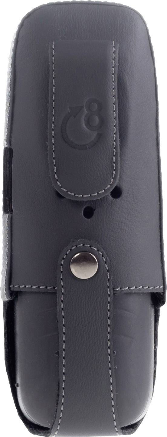 Ein schwarzes Lederetui mit einer Gürtelschlaufe und einem Druckknopf. Oben ist ein dezentes Logo mit der Zahl '8'.