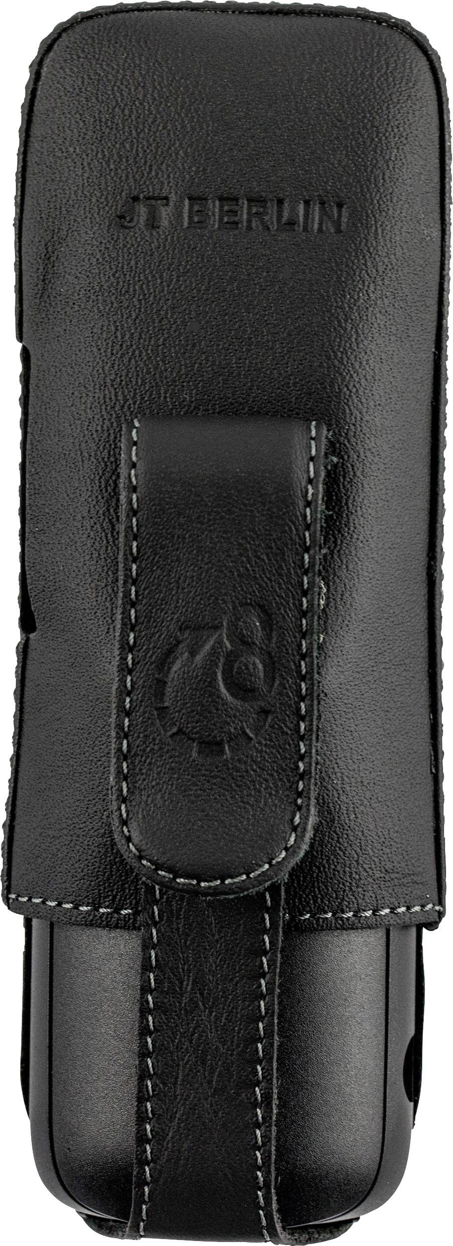 Schwarze Leder-Handyhülle mit geprägtem Logo 'JT Berlin', vertikaler Verschlussklappe und sichtbaren Nähten.
