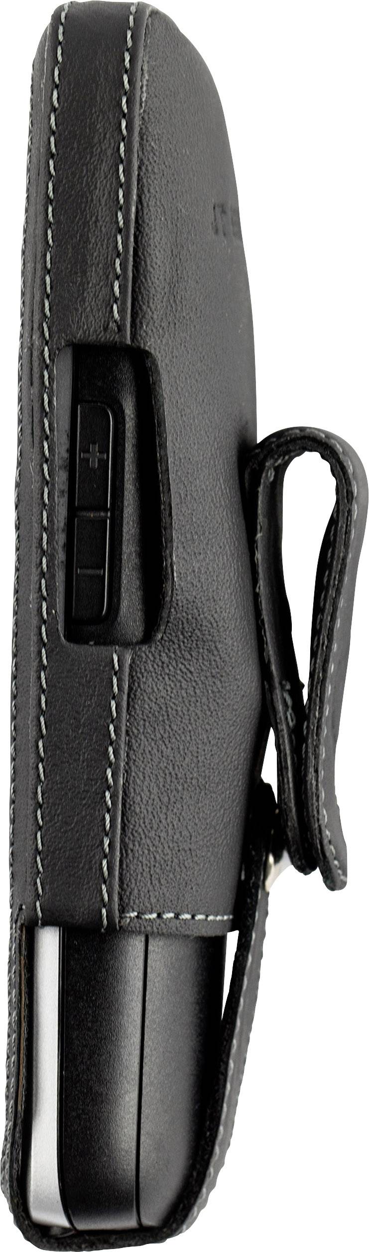 Schwarzes Lederetui mit Knopf am Rand, das ein Gerät schützt. Clip an der Seite zum Befestigen.