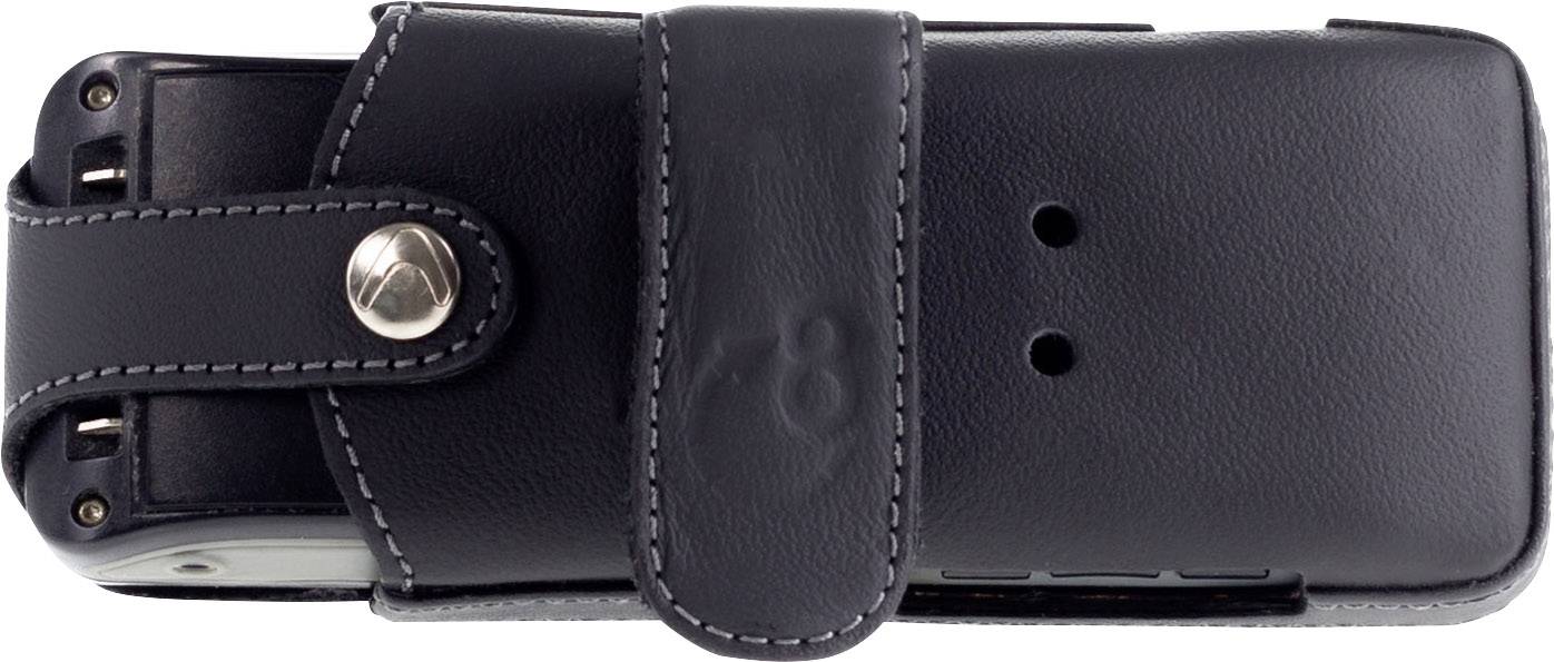 Schwarzes Lederetui mit Knopfverschluss, geeignet für Funkgeräte oder ähnliche Geräte, zwei Löcher auf der Rückseite für Gürtelmontage.