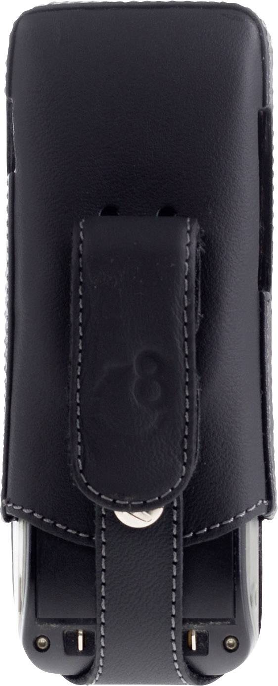 Ein schwarzes Lederetui mit Verschluss. Es scheint dafür gemacht, ein schmaleres Objekt, wie ein technisches Gerät oder Werkzeug, aufzubewahren.