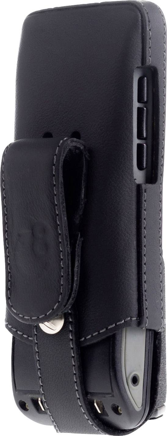 Ein schwarzes Ledertasche, geeignet für ein Handy, mit einer Schlaufe und Druckknopfverschluss, dargestellt von der Seite.