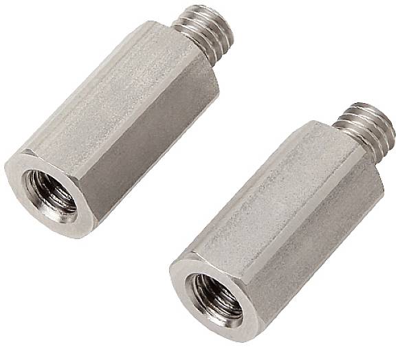 Zwei silberne Sechskant-Abstandsbolzen mit Innen- und Außengewinde. Sie dienen als Abstandshalter in mechanischen oder elektronischen Anwendungen.