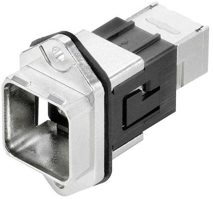 Ein rechteckiger, metallischer Anschlussstecker, möglicherweise für elektronische Geräte, mit schwarzem Kunststoffteil und Befestigungslasche.