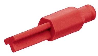 Roter Schutzschuh für einen Stiftklemmenadapter, typischerweise verwendet zur Isolation von elektrischen Kontakten.