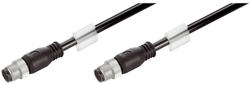 Zwei schwarze M12-Kabel mit Metallsteckverbindern an den Enden, geeignet für industrielle Anwendungen oder Sensorverbindungen.