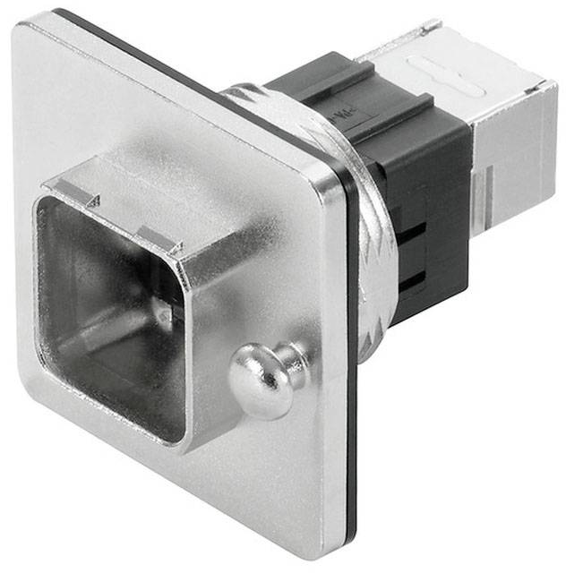 Rechteckiger Metallstecker mit quadratischer Frontplatte und USB-Anschluss, eingesetzt in schwarze Kunststoffhalterung.