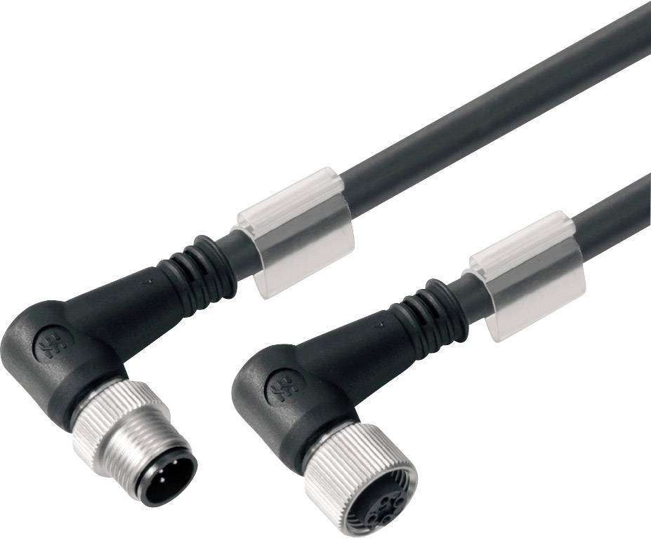 Zwei schwarze Winkelsteckverbinder mit silbernen Verschlussringen, verbunden durch ein schwarzes Kabel.