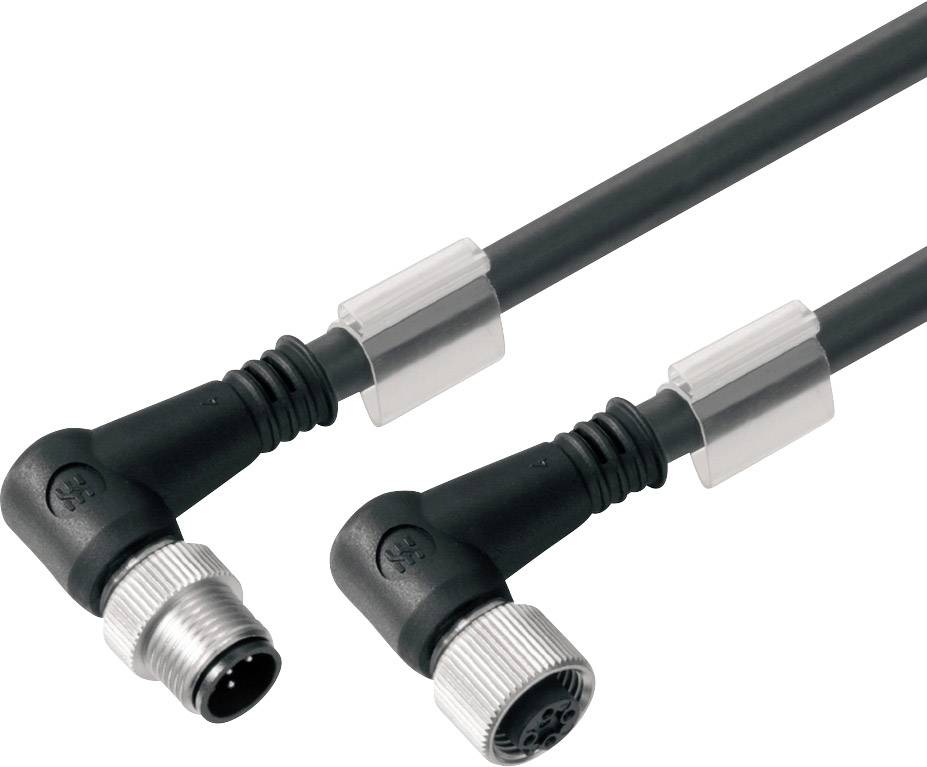 Zwei schwarze Kabel mit rechtwinkligen Steckverbindern und Metallverschlüssen. Eines hat einen männlichen Stecker, das andere einen weiblichen.