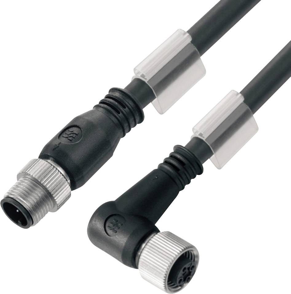 Schwarzes Kabel mit zwei Steckverbindungen: eine geradlinige und eine gewinkelte, beide mit silbernen Verschraubungen.