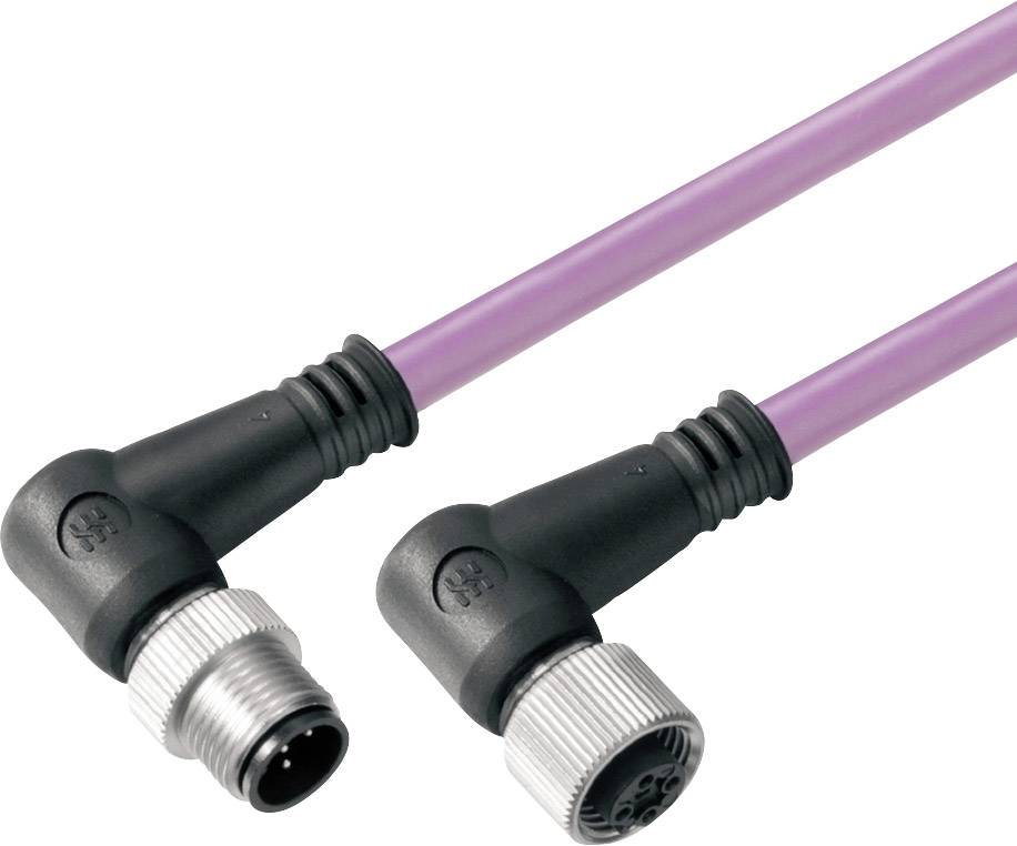 Zwei Ethernet-Kabel mit abgewinkelten Steckern, eines mit einem männlichen und das andere mit einem weiblichen Anschluss, auf weißem Hintergrund.