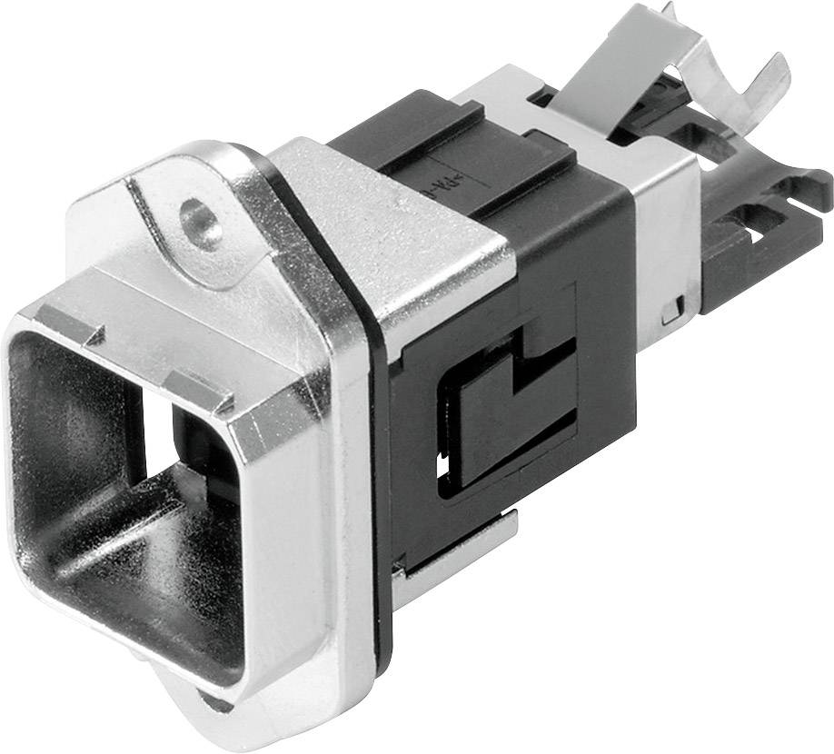 Ein Metall- und Kunststoff-Steckverbinder mit rechteckigem Gehäuse und zwei seitlichen Clips, vermutlich für elektronische Geräte.