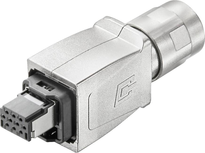 Ein silberner, rechteckiger, industrieller Stecker mit Mehrfachkontaktstiften und einem markanten Logo an der Seite.