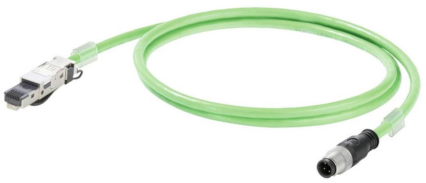 Grünes Ethernet-Kabel mit RJ45-Stecker auf einer Seite und rundem Stecker auf der anderen.用于工业或 Netzwerkverbindungen.